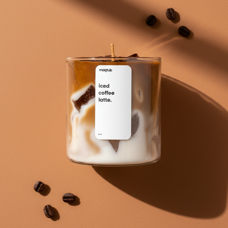 Candle labeled 'iced coffee latte' with coffee beans on a brown background