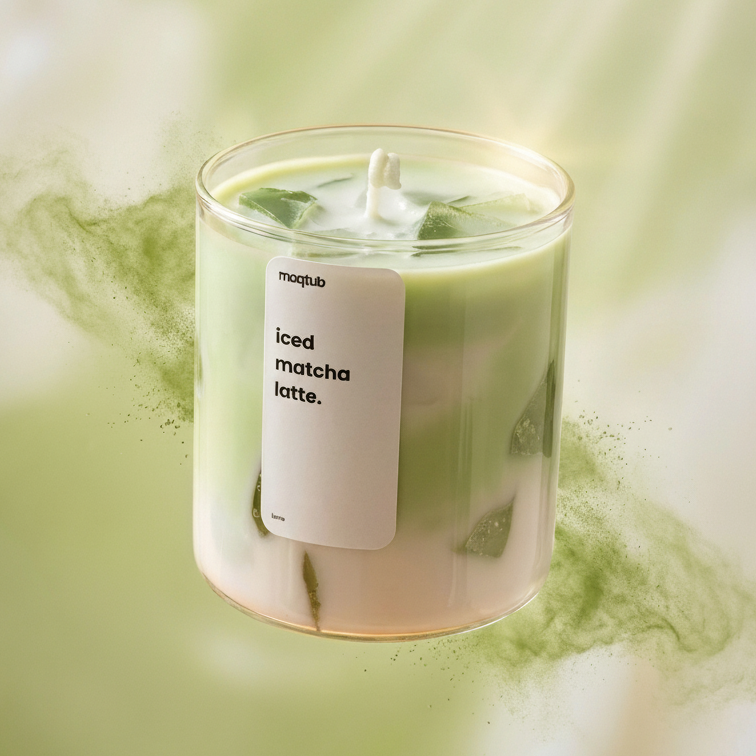Candle labeled 'iced matcha latte' with green smoke effect on a light green background